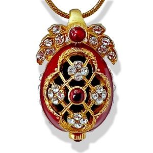 RED ENAMEL Necklace Faberge Egg Pendant Sterling Silver Swarovski Crystal Garnet
